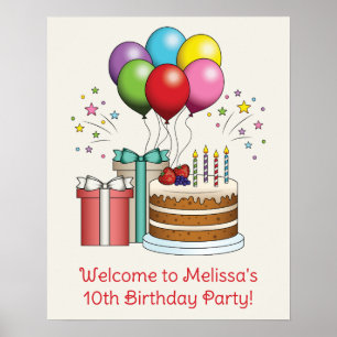 Kleurrijke verjaardagsballonnen met cake en cadeau poster