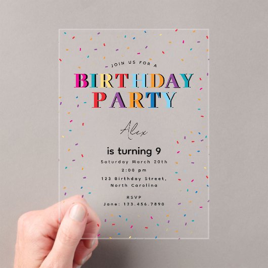 Kleurrijke verjaardagsfeest Confetti Verjaardag Acryl Uitnodigingen (Insitu (Draagbaar))