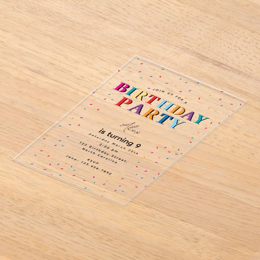 Kleurrijke verjaardagsfeest Confetti Verjaardag Acryl Uitnodigingen (Laagn)