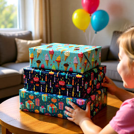 Kleurrijke verjaardagsfeestje set van 3 inpakpapier vel