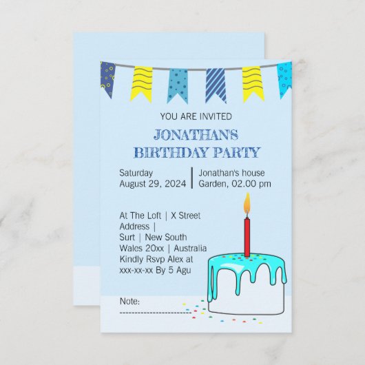 Kleurrijke verjaardagsfeestje uitnodiging voor kin (Voorkant / Achterkant)