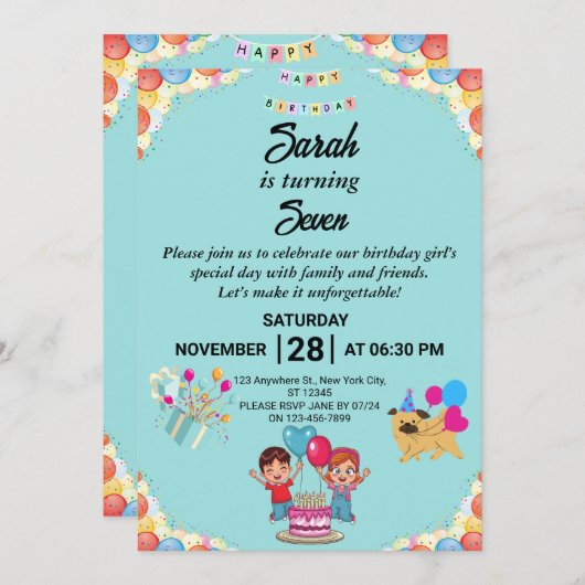 kleurrijke verjaardagsfeestuitnodiging kaart (Voorkant / Achterkant)