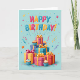 Kleurrijke verjaardagskaart met cadeaustapel – Leu Kaart