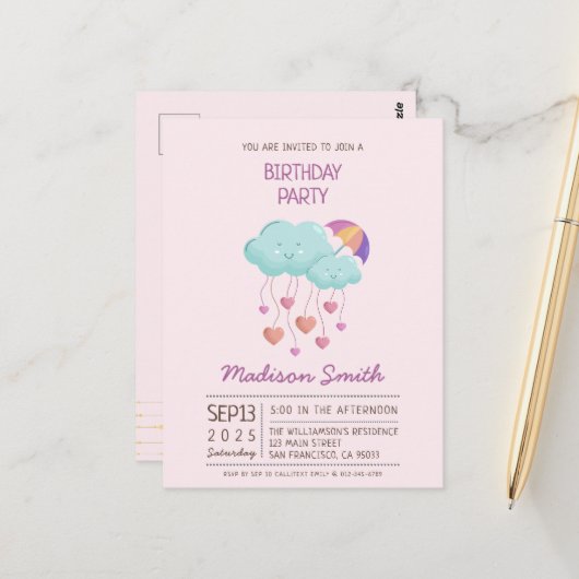 Kleurrijke Verjaardagskaart met Paraplu met Mooie Briefkaart (Voorkant / Achterkant in situ)