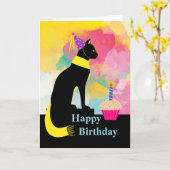 Kleurrijke Verjaardagskat met Party Pet, Cupcake Kaart (Gele Bloem)