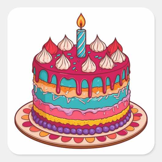 Kleurrijke verjaardagstaart met kaars vierkante sticker (Voorkant)