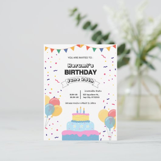 Kleurrijke verjaardagsuitnodiging briefkaart (Staand voorkant)