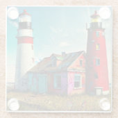 Kleurrijke verlaten vuurtorens op een strand glazen onderzetter (Achterkant)