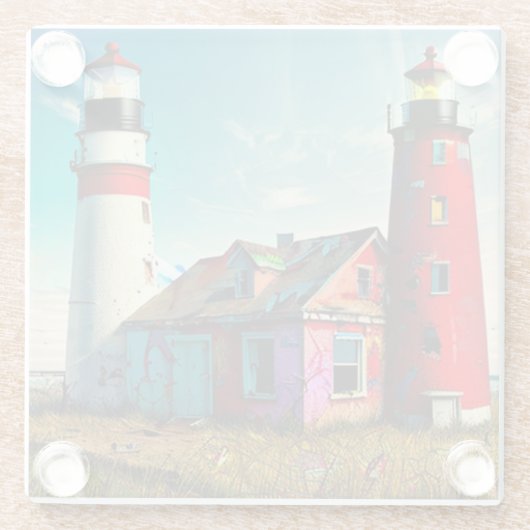 Kleurrijke verlaten vuurtorens op een strand glazen onderzetter (Achterkant)