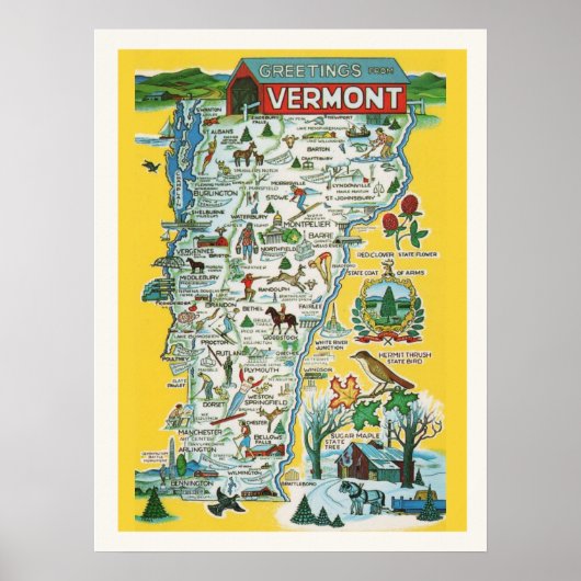 Kleurrijke Vermont Kaart 18 x24 Afdrukken Poster (Voorkant)