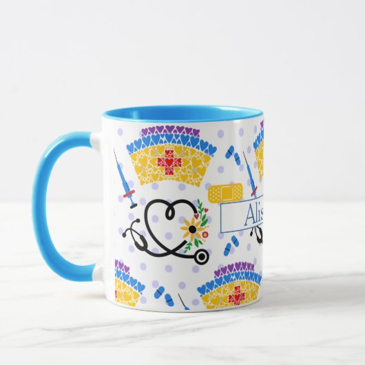 Kleurrijke verplegingsgereedschappen op blauwe pok mok (Links)