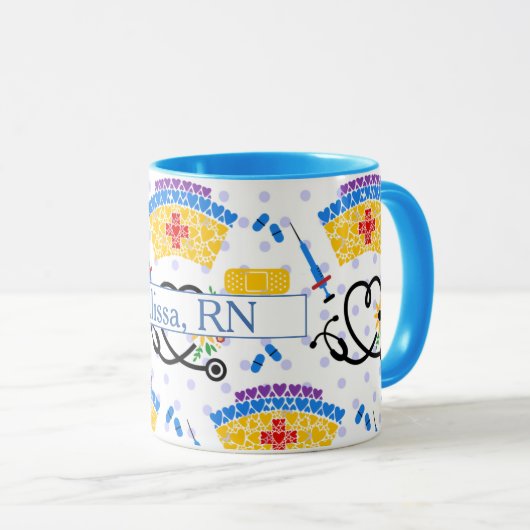 Kleurrijke verplegingsgereedschappen op blauwe pok mok (Voorkant rechts)