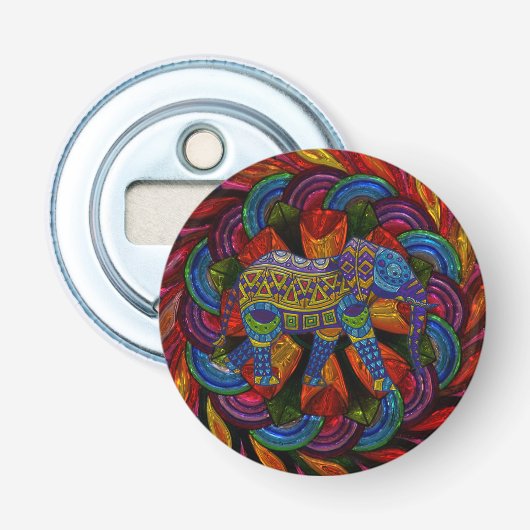 Kleurrijke Versierde Olifant en Mandala Button Flesopener (Voorkant)