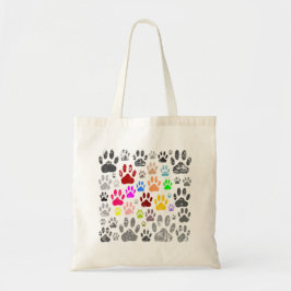 Kleurrijke versleten hondenpootafdrukken op grijze tote bag