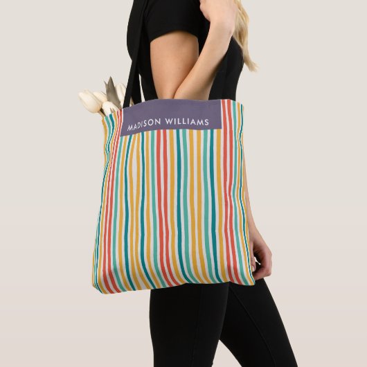 Kleurrijke verticale strepen aangepaste naam tote bag (Dichtbij)