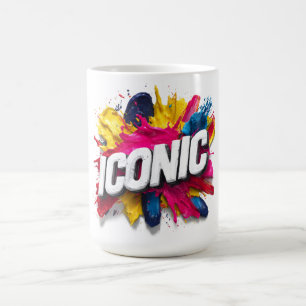 Kleurrijke verven spat "ICONISCHE" tekst in vette  Koffiemok