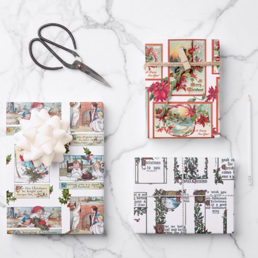 Kleurrijke Victoriaans Kerst Kaart Collage Inpakpapier Vel (Voorkant)