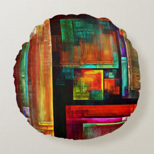 Kleurrijke vierkanten Modern Abstract kunstpatroon Rond Kussen