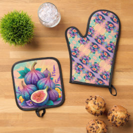 Kleurrijke vijg ovenwant & pannenlap set