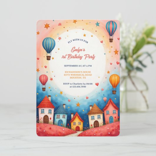 Kleurrijke Village Hot Air Balloon 1e verjaardag Kaart (Staand voorkant)