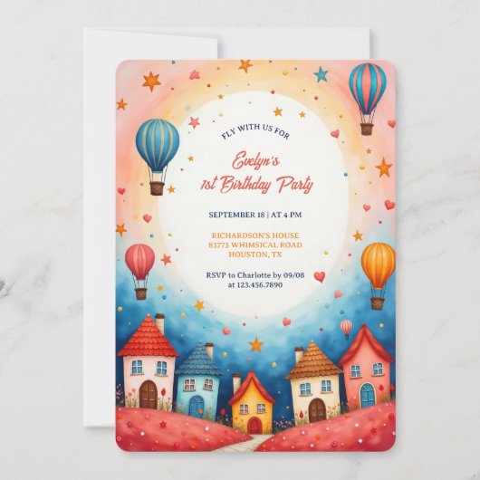 Kleurrijke Village Hot Air Balloon 1e verjaardag Kaart (Voorkant)