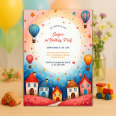 Kleurrijke Village Hot Air Balloon 1e verjaardag Kaart