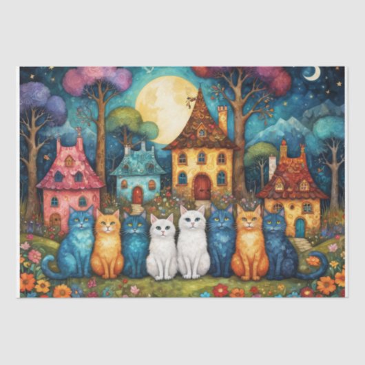 Kleurrijke Village Scene met Katten Decoupage Tissuepapier (Voorkant)