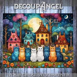 Kleurrijke Village Scene met Katten Decoupage Tissuepapier