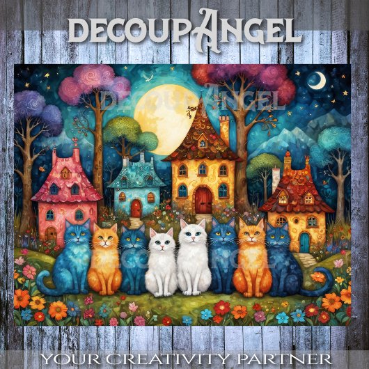 Kleurrijke Village Scene met Katten Decoupage Tissuepapier