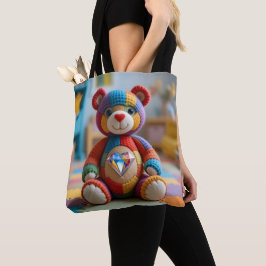 Kleurrijke vilten teddybeer tote bag (Dichtbij)
