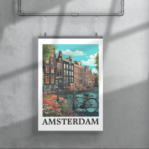 Kleurrijke Vintage Amsterdam Nederland Canal Uitzi Poster