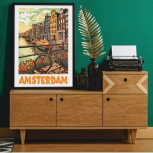 Kleurrijke Vintage Amsterdam Nederland Grachtstad Poster