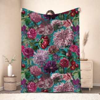 Kleurrijke vintage aquablauwe bloemen fleece deken
