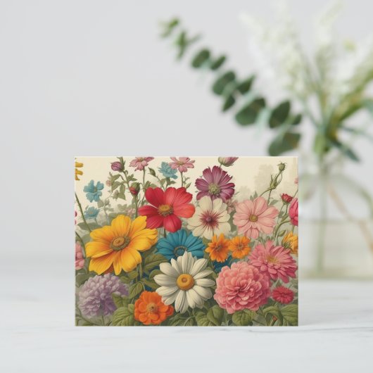 Kleurrijke vintage bloeiende tuin bloemen briefkaart (Staand voorkant)