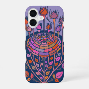 Kleurrijke Vintage Bloemkunst in Paars en Blauw iPhone 16 Hoesje