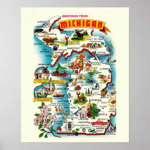 Kleurrijke vintage kaart van Michigan Poster