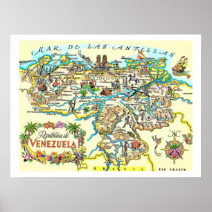 Kleurrijke vintage kaartprint van Venezuela Poster