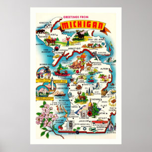 Kleurrijke vintage Michigan kaart poster print