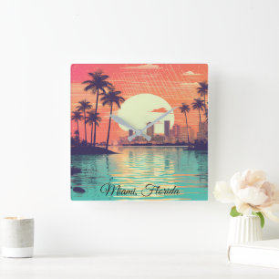 Kleurrijke Vintage Retro Miami Florida Reizen Vierkante Klok