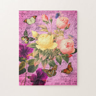 Kleurrijke vintage roze & gele rozen & vlinders legpuzzel