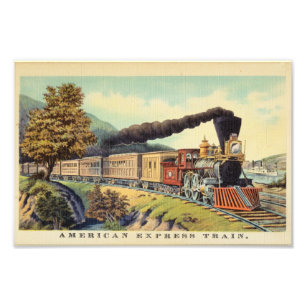 Kleurrijke vintage stoomtrein kunst, ansichtkaart foto afdruk