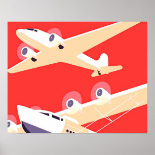 Kleurrijke vintage vliegtuigen vliegen WPA Poster