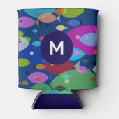 Kleurrijke Vis Abstract Patroon Blauw Monogram Blikjeskoeler (Voorkant)