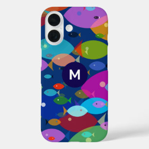 Kleurrijke Vis Abstract Patroon Blauw Monogram iPhone 16 Hoesje