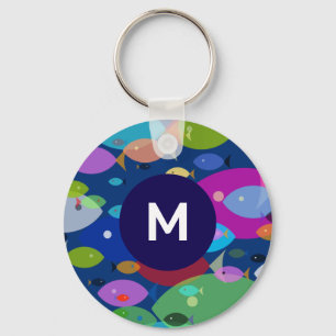 Kleurrijke Vis Abstract Patroon Blauw Monogram Sleutelhanger