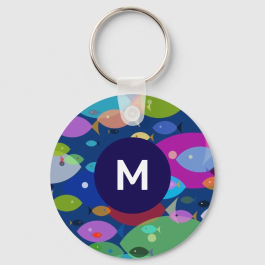 Kleurrijke Vis Abstract Patroon Blauw Monogram Sleutelhanger (Voorkant)