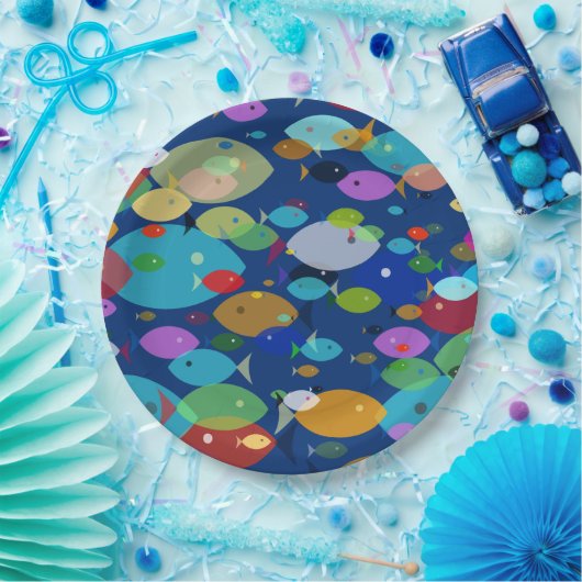 Kleurrijke Vis Abstract Patroon Blauw Papieren Bordje (Feest)