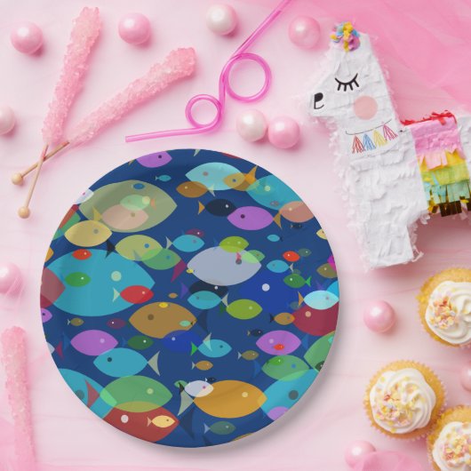 Kleurrijke Vis Abstract Patroon Blauw Papieren Bordje (Feest)