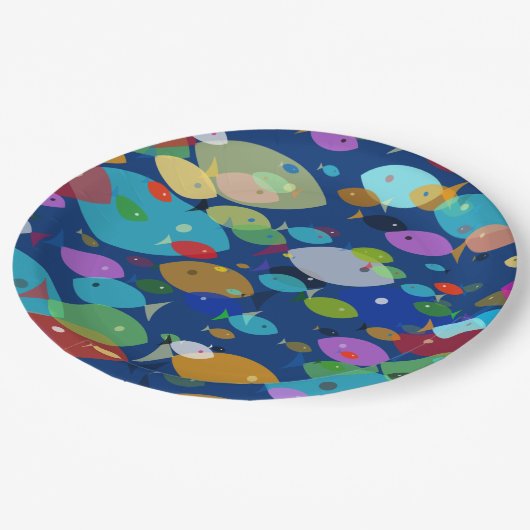 Kleurrijke Vis Abstract Patroon Blauw Papieren Bordje (Gekanteld)