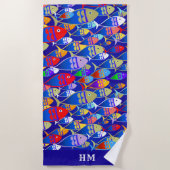 Kleurrijke Vis Art Deco Aangepaste Tekst Monogram Strandlaken (Voorkant)